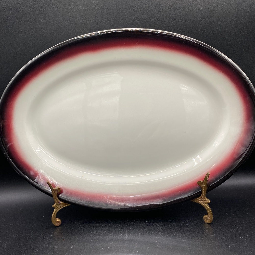 Jackson China Platter, white ceramic, black cherry ombre rim, oval,  hotel ware.